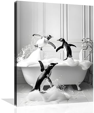 OWNANRTHM Lustige Tiere Badezimmer Leinwand Wandkunst Pinguin in Badewanne Wandkunst Lustiges Tier Badezimmer Gemälde Schwarz und Weiß Pinguin Badewanne Bilder für Bad WC Wanddekoration gerahmt 20,3 x
