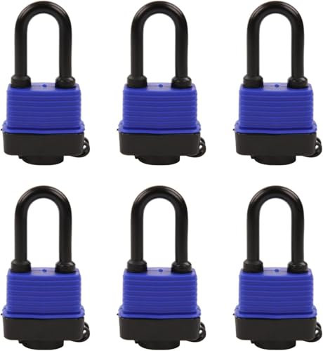 SEPOX® 6-Pack Set 44MM Weatherproof Outdoor Padlock Keyed Alike, Heavy Duty Steel Lock Body with Blue Cover Waterproof, Long Shank, 6 Locks with Same Key Design for Garden, Garage, Gate, Fence, Marine