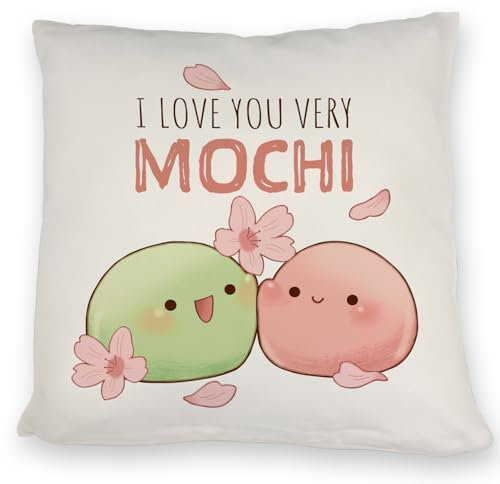 speecheese Mochi Paar Kissen mit Spruch I Love You Very Mochi Kawaii Manga Japanisches Design Kirschblüte Sakura für alle Liebenden