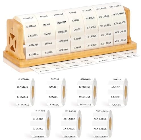 Etikettenspender in Kleidergröße mit transparenten Kleidergrößen-Etiketten, 28,7 x 8,4 x 8,9 cm, Holz-Etikettenspender, Etikettenständer, Aufkleber, Rollenhalter, Organizer für T-Shirts, Aufkleber, 7