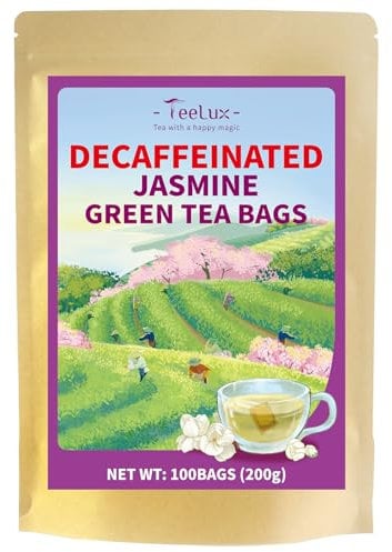 TeeLux Jasmine Green Tea Bags 100 Count, Vegan, Scented Decaffeinated, Unsweetened, Natural Jasmine Aroma