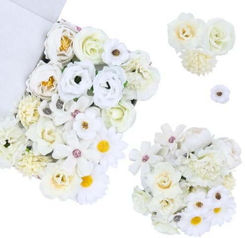 BELLALICHT 20 Stück Kunstblumen Strauß, Bunte Gefälschte Blumen, Gemischte Rosen Set, Geeignet für Corsage, Kopfschmuck Zubehör, Hochzeit, Party, Langlebige Dekoration für Ihr Zuhause (Weiß)