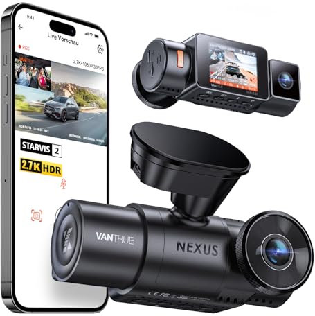 VANTRUE N2X Dash Cam Front Inside 2.7K+1080P Dual HDR, STARVIS 2, 2.5K/60FPS, 5G WiFi, GPS, Night Vision, Voice Control, Car Dash Cam G-Sensor, Dashcam for Car 24/7 Parking Mode, Support 512GB