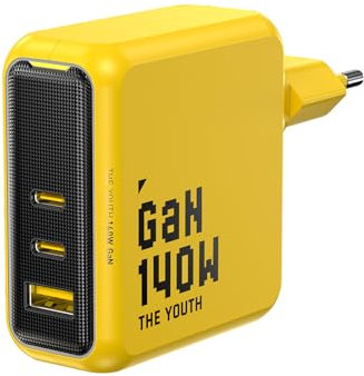 AOHI Youth 140W Chargeur USB C GaN+ 100W Chargeur rapide pour ordinateur portable PD3.1 PPS Prise USB C 3 ports Adaptateur secteur pour MacBook Air/Pro, Dell XPS, iPhone séries 15/16, iPad Pro (Jaune)