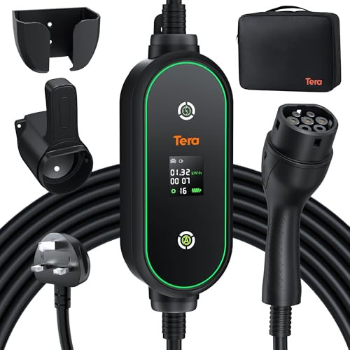 Tera Portable EV Charger Type 2: Electric Car Charger for Outdoor Charging 3kW Adjustable 6A-13A UK 3-PIN Plug 5H Delay Time 6 meter Charging Cabel IP66 LCD Screen with Cable Holder & Bag P03