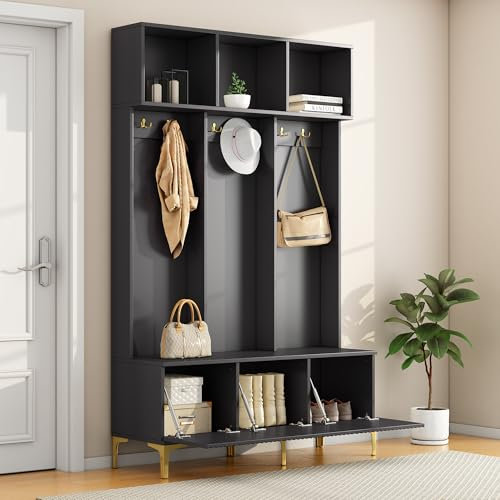 Merax Garderobe mit Sitzbank, Flur Möbel, Multifunktionale Garderobe Set, Offene Aufbewahrung, 6 goldene Haken und Füße, geeignet für Flur, Wohnzimmer, Schwarz, 120x23,5x191,5cm