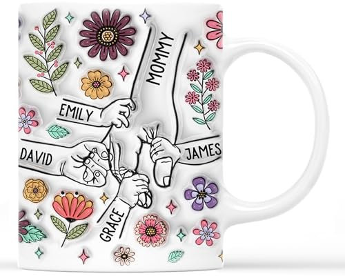 Personal Chic Personalised Mummy and Kids Holding Hands Flowers Mug - Personalised Mothers Day Gifts, Mum Gifts, Grandma Gift, Mummy Tea Cup, Grandma Cup, Mum Mug (Model #9)