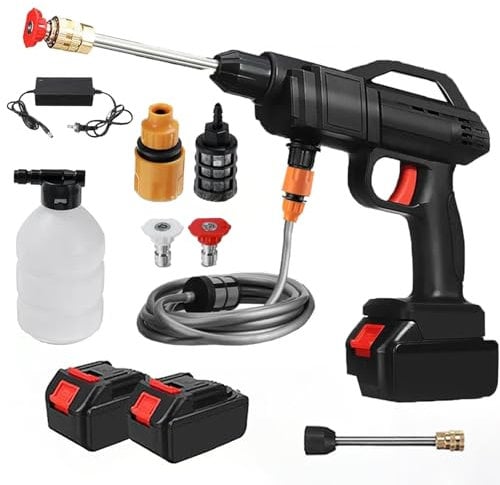 Hidrolimpiadora Bateria, 21V MAX 35Bar Press & Clean Pistola Lavado con 2X 3000mAh Baterías, Limpiador de Alta Presión Portátil para Coche, Terraza, Ventanas, Piscina (con 2 Batería)