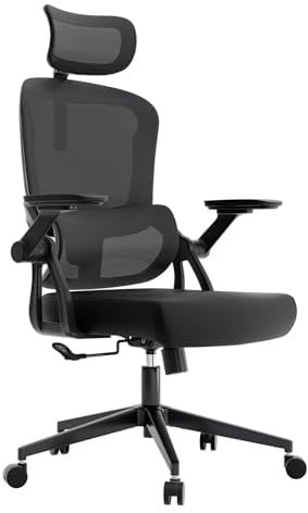 Monhey Ergonomischer Bürostuhl Schreibtischstuhl Höhenverstellbar–Drehstuhl Mit Klappbaren Armlehnen, Atmungsaktives Mesh,Verstellbare Kopfstütze&Intelligente Lordosenstütze–Für Homeoffice,Schwarz