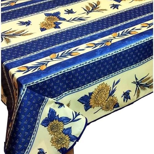 Tischdecke mit Sonnenblumenmotiv, schmutzabweisend, rechteckig, rund – viele Größen, knitterfrei, pflegeleicht – Provence-Stil, für Küche und Garten (Blau, 120 x 150 cm)
