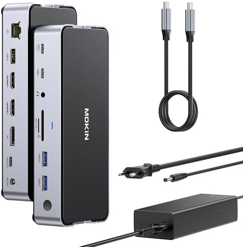 Station d'accueil USB C Triple écran, MOKiN Docking Station USB C avec 2 HDMI DisplayPort 4K@144Hz, Alimentation DC 150W, USB 3.1 10Gbps, USB A 2.0/3.0, Ethernet RJ45, SD/TF pour Dell HP MacBook