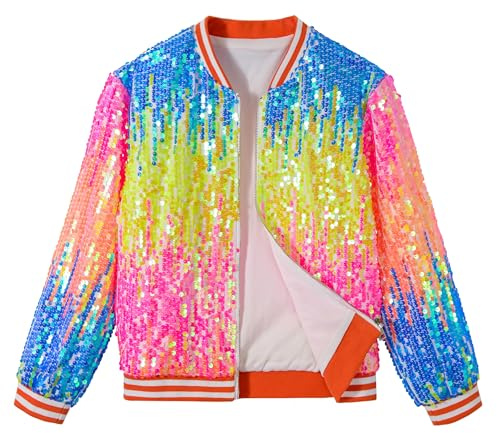 LOLANTA Girls Sequin Bomber Jacket with Pockets Zipper Long Sleeve Sparkle Baseball Jackets, Ombre orange pink, 5-6 Years, 120