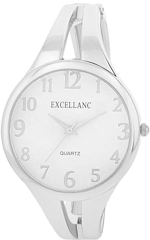Excellanc Damen-Spangenuhr Metallarmband Spangenarmband Armreif lesbare Ziffern Rund Länge 15,5 cm Quarz-Armbanduhr Geschenkidee für Frauen (Silber/weiß)