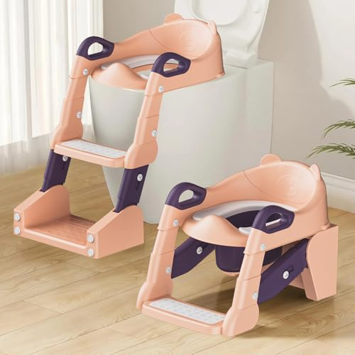 2 IN 1 Toilettensitz Kinder, Toilettensitz Kinder mit Treppe für Jungen Mädchen Baby, Upgraded 2-in-1 Kinder WC Sitz mit Treppe mit Urinal und Spritzschutz (Pink)