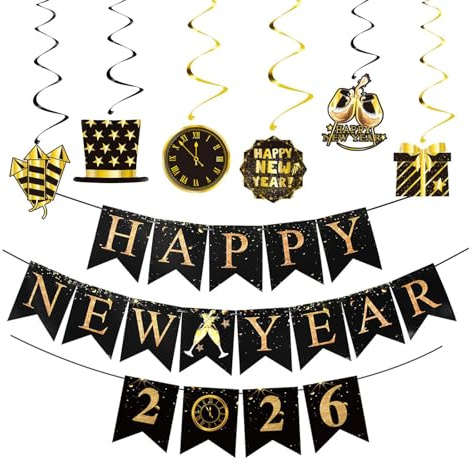 Silvester Deko 2027 Party Set, 2027 Happy New Year Girlande Hängende Wirbel | Schwarz Gold, Karton Pendant, PVC Wirbel, Silvester Deko 2027, Frohes Neues Jahr Partydeko Silvesterparty Zubehör