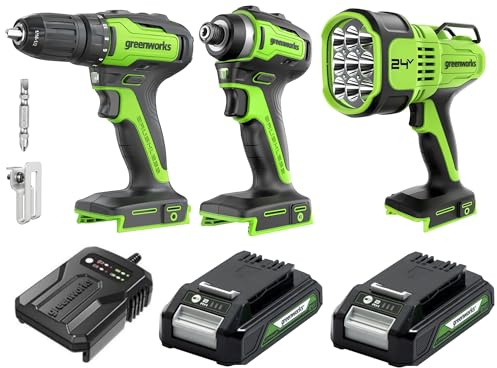 Greenworks 24V 3‑teiliges Akkutool-Set, bestehend aus Akkuschrauber (35 Nm), Akku-Schlagschrauber(220 Nm), Suchscheinwerfer mit 3000 Lumen, 2 Akkus und einem Ladegerät