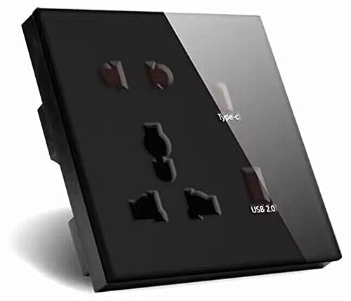 Wall Socket Crystal Tempered Glass Panel Wall Outlet Socket 15A,110-240V USB Power Socket (Black)
