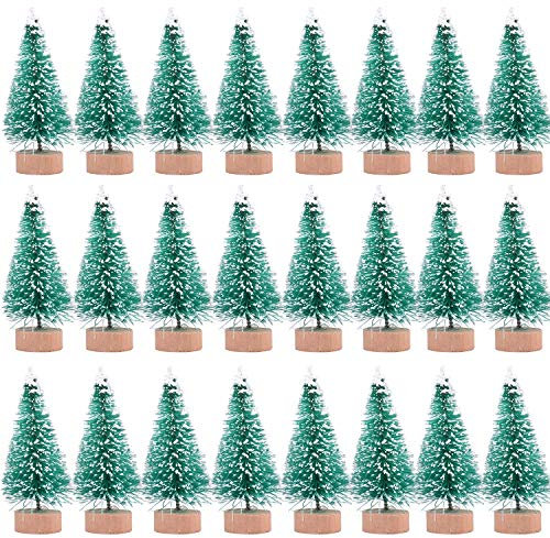 24 Pieces Artificial Mini Christmas Sisal Snow Frost Trees with Wood Base Bottle Brush Trees Plastic Winter Snow Ornaments Tabletop Trees for Christmas Party Home Decoration (Green)