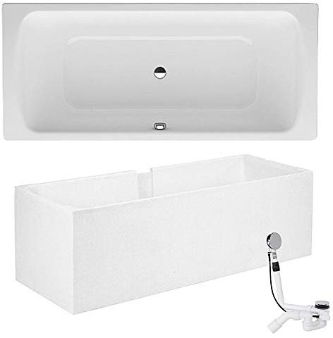 Stahl Badewanne Elunos 1800 x 450 x 800 weiß Wannenträger Ab- Überlaufgarnitur