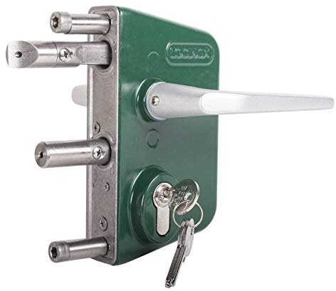 LOCINOX Drehtorschloss LAKQ4040 U2, Moosgrün RAL 6005 für 40 bis 60mm Rahmenprofile - Gartentorschloss, Flügeltorschloss, kastenschloss mit zylinder zum aufschrauben, Gartentürschloss