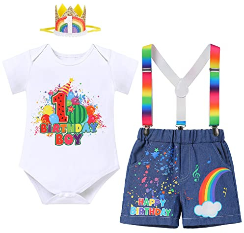 1st/2nd/3rd/4th/5th Birthday Outfit Boy Baby Toddler Short Sleeve Romper/T-shirt+Rainbow Suspenders+Denim Shorts+Birthday Hat 4PCS Clothes