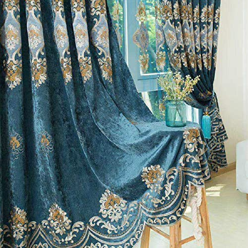 Amidoudou Bestickte Vorhänge für Wohnzimmer, Schlafzimmer, Chenille-Vorhänge, europäisch, 1 Paar (Blau, 130 x 228 cm)