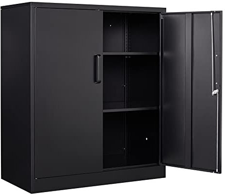 Yizosh Metall-Garagenschrank mit 2 Türen und 2 verstellbaren Regalen, 90,2 cm, abschließbarer Aktenschrank aus Stahl, für Zuhause, Büro, Garage, Fitnessstudio, Schule (schwarz)