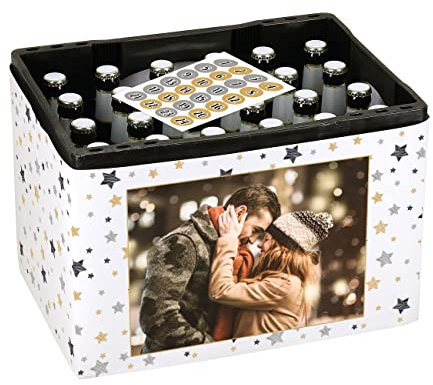 Herz & Heim® Ultimativer Männer Adventskalender - DIY - Banderole für Bierkasten und 24 Aufkleber für Kronkorken Wunschfoto & Sterne