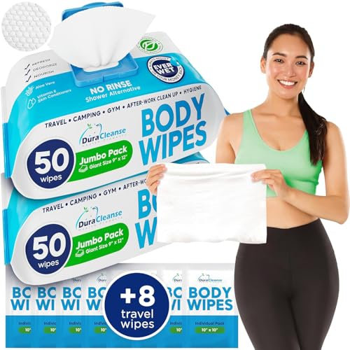 DuraCleanse Body Wipes for Adults Bathing No Rinse (2 Pack) 100 XL Shower Wipes + 8 Travel Bath Sheets - 9 x 12 Extra Thick Adult Disposable Washcloths for Elderly Incontinence & Camping Essentials