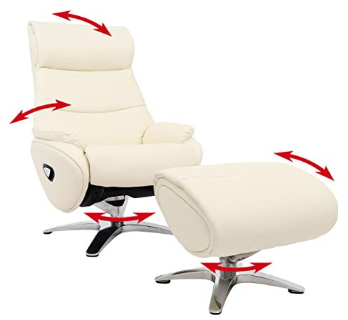 Relaxsessel mit Hocker HWC-K98AM, Fernsehsessel Sessel, Liegefunktion drehbar, Metall Echtleder/Kunstleder - Creme-weiß