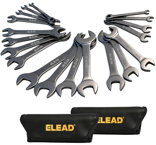 ELEAD 19-Piece Super-Thin Open End Wrench Set, Metric 5.5–27 mm & SAE 1/4-1-1/16, CR-V Nickel Plated, 3 mm Thickness Ultra-Slim Wrench Set for Tight Spaces, Durable Roll-Up Pouch for Mechanics