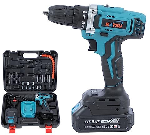 KATSU FIT-BAT 21V Cordless Combi Drill Driver Screwdriver Accessories Set with 1.5Ah Battery and Charger, 10mm Keyless Chuck, for Home Improvement DIY Tasks