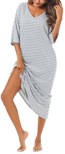 Uniexcosm Long Nightdress for Women Nightgowns 3/4 Sleeve Cotton Nighties Baggy Ladies Nightshirts with Pockets Plus Size Sleep Dress Nightwear Loungewear Sleepwear S-XXL Grey