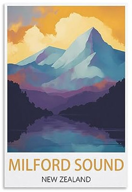 KmoNo Milford Sound New Zealand Vintage Reiseposter 20 x 30 cm Poster Dekor Malerei Leinwand Wandkunst Wohnzimmer Poster Schlafzimmer