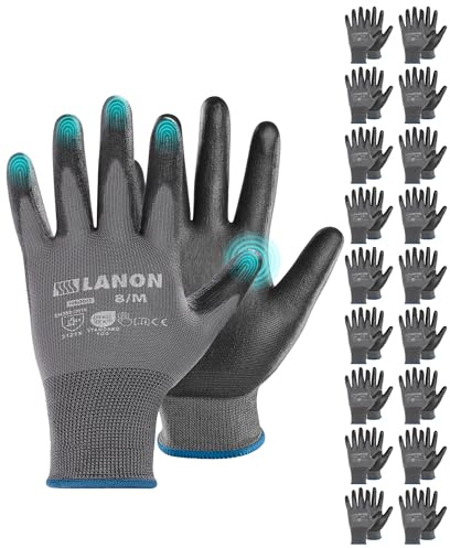 LANON 18 Paar PU Arbeitshandschuhe, Touchscreen Arbeitshandschuhe für Herren Damen, Leicht, Mechaniker, Bauarbeiten, Grau, Gr 9/L