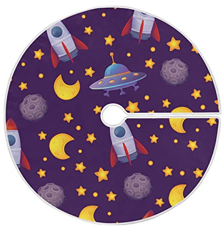 91cm/36Inch Weihnachtsbaumdecke Weihnachtsbaum Deko Weihnachtsbaumrock Für Heimdekorationen Ferienhaus Weihnachtsfeier Cartoon-Raketen UFO-Mond