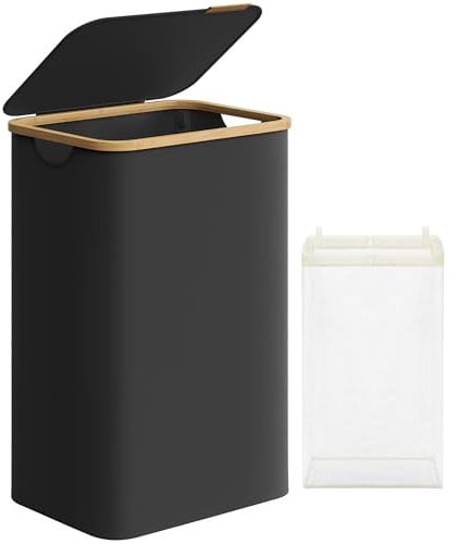 SONGMICS Panier à Linge Mince avec Couvercle, 90L, Gain de Place, Doublure en Maille Amovible, Tissu Oxford, Poignées en Bambou, Pliable, 42 x 32 x 70,5 cm, Noir d'Encre LCB509B01