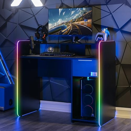 X-Rocker Electra 110x55cm Black Gaming Desk with RGB Lights, Computer Gaming Desk with App-Controlled LED Lighting, Sturdy Home office with Storage Cupboard and Shelf