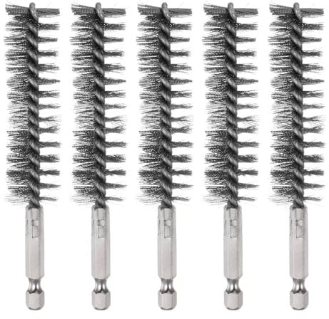 sourcing map 5Pcs Bore Brush Stainless Steel 20mm Dia Cleaning Twisted Wire Brush Tube Pipe Cleaner with Handle 1/4 Inch Hex Shank for Tubes, Ports, Bearings