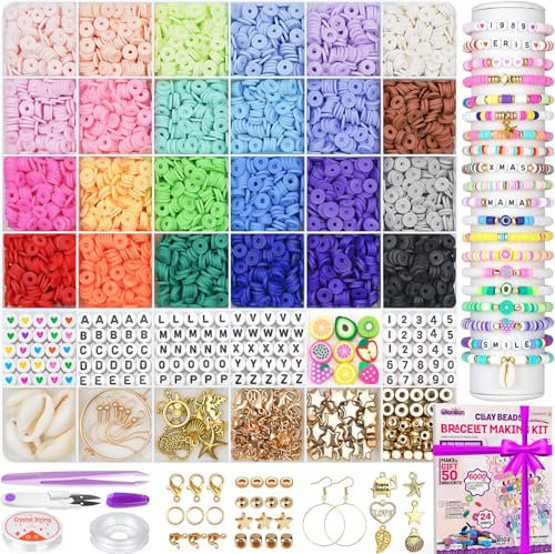 Gionlion 6000 Clay Beads Bracelet Making Kit, Friendship Bracelet Kits Preppy Beads for Jewellery Making, Flat Heishi Bead for Bracelet Arts and Crafts Gifts for Teen Girls