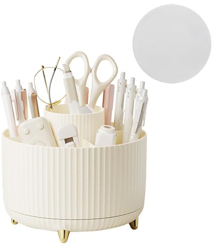 Vilike 360°Pen Holder, Rotating Pencil Holder for Desk with 5 Slots, Plastic Pen Pencil Pot with Anti-slip Pad for Home, School, Office(Beige)