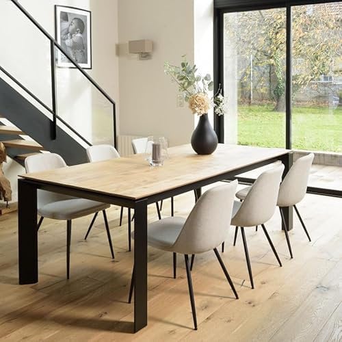 MACABANE Tom - Lot de 2 chaises Tissu écru Dossier Droit Pieds Acier Noir