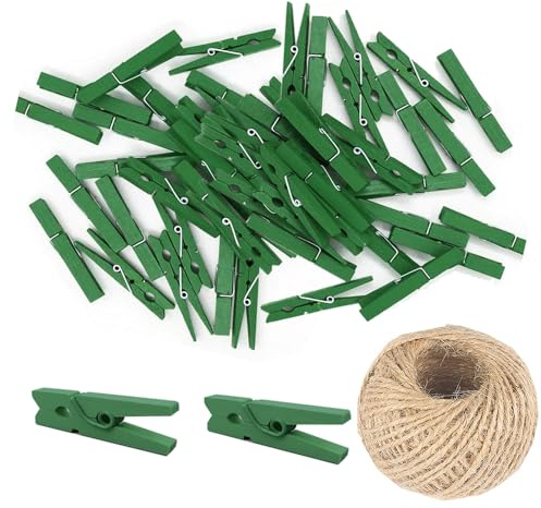 100 Pcs Mini 25mm Natural Wooden Clips Photo Clips Clothespin DIY Wedding Party Wooden Clip Clips Pegs with 98 FT Jute Twine String(Green)
