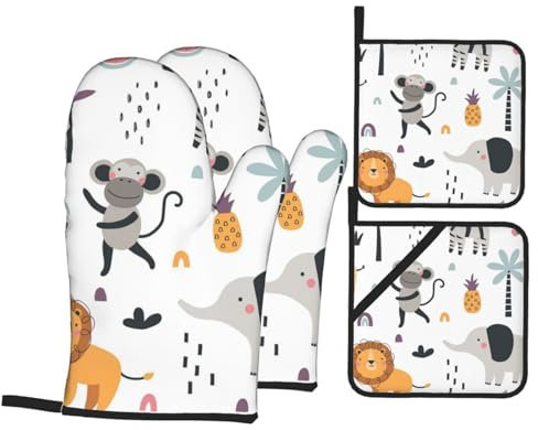 4 Stück Ofenhandschuhe Set Elefant Zebra Löwe AFFE Tier Süß Grillhandschuhe Druck Wasserfeste Topfhandschuhe, Für Cafe, Küche