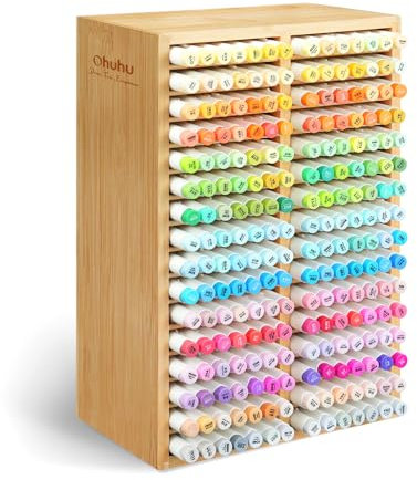 Ohuhu Bamboo Marker Organizer, Wooden Desktop Storage Hold 224 Markers, Markers Pens Pencils Art Brushes Stationary Organizer Pencil Holder with 32 Compartments for Home Classroom Office Decor