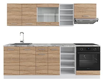 Vicco Küchenzeile R-Line, Sonoma/Weiß/Weiß, 240 cm, AP Anthrazit