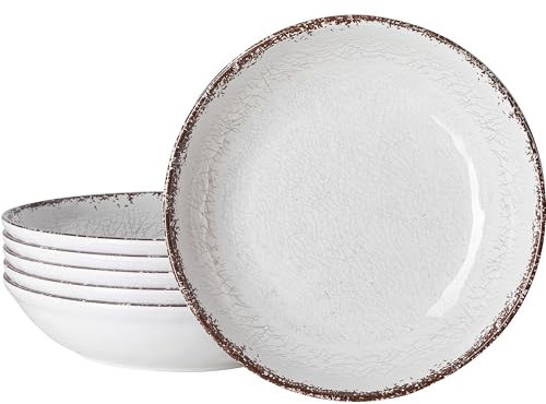 LEHAHA Farmhouse Pasta Bowls, Set of 6, White Melamine Rustic 42 oz Shallow Bowl, Large Salad Bowl, Deep Pasta plate, Dishwasher Safe Serving Bowls.…