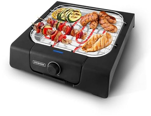 Barbecue de Table Électrique – Kitchencook BBSQUARE – 1250W – Thermostat Réglable – Grille Chromée Hauteur Ajustable – Bac Récupérateur de Graisses – Compact et Portable – Noir