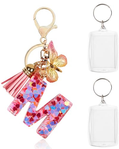 Porte Clef Femme Voiture, Porte Clef Personnalisable Acrylique Transparent, Porte Clé Kawaii avec Lettre Initiale, Porte Clef Pompon pour Famille, Des Couples DIY Souvenir
