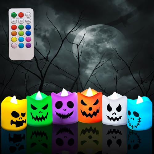 Jsdoin 6PCS Halloween Flameless Votive Candles,LED Tea Lights Candle with Remote Control,Battery Operated Halloween LED Flickering Candles,Spooky Candles Halloween Festival Party Decoration Indoor